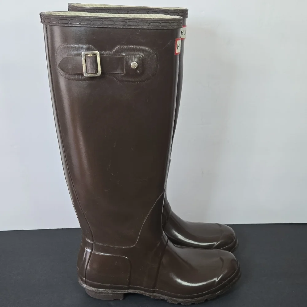 Hunter Size 8 Gloss Dark Brown Tall Rubber Rain Boots - Picture 12 of 16